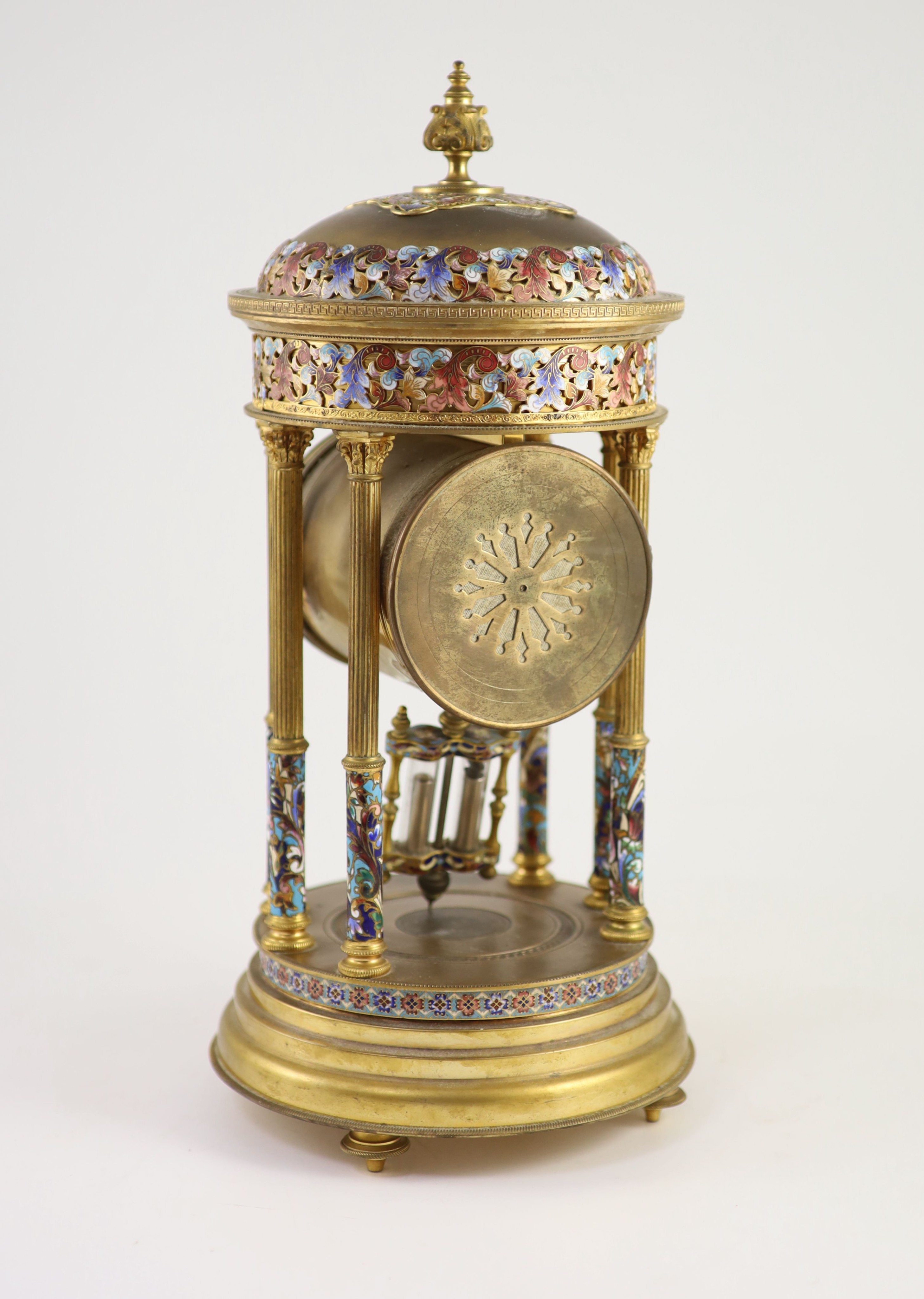 A late 19th century French ormolu and champleve enamel portico clock, height 39cm
